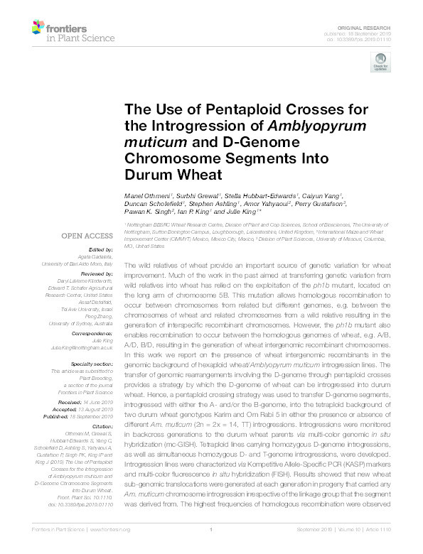 The use of pentaploid crosses for the introgression of Amblyopyrum muticum and D-genome chromosome segments into durum wheat Thumbnail