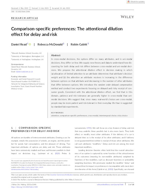 Comparison‐specific preferences: The attentional dilution effect for delay and risk Thumbnail