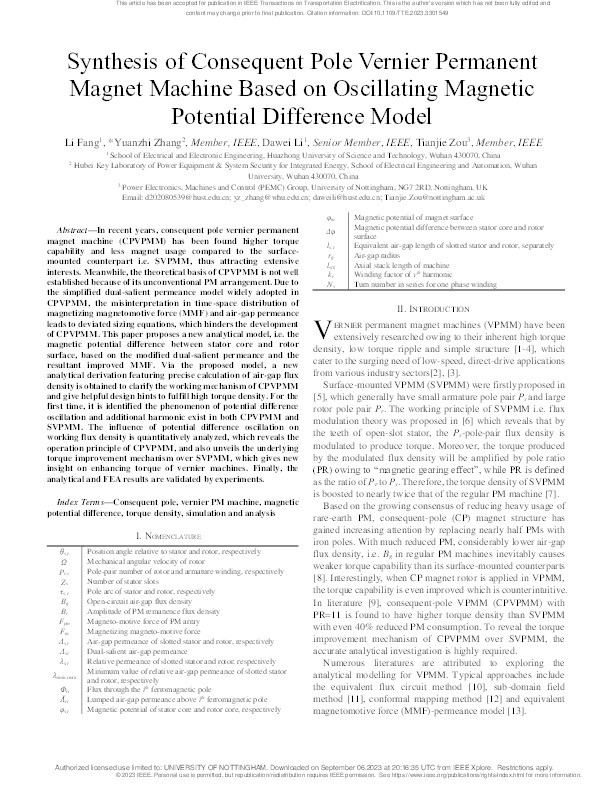 Synthesis of Consequent Pole Vernier Permanent Magnet Machine Based on Oscillating Magnetic Potential Difference Model Thumbnail