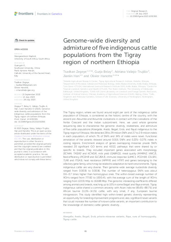 Genome-wide diversity and admixture of five indigenous cattle populations from the Tigray region of northern Ethiopia Thumbnail