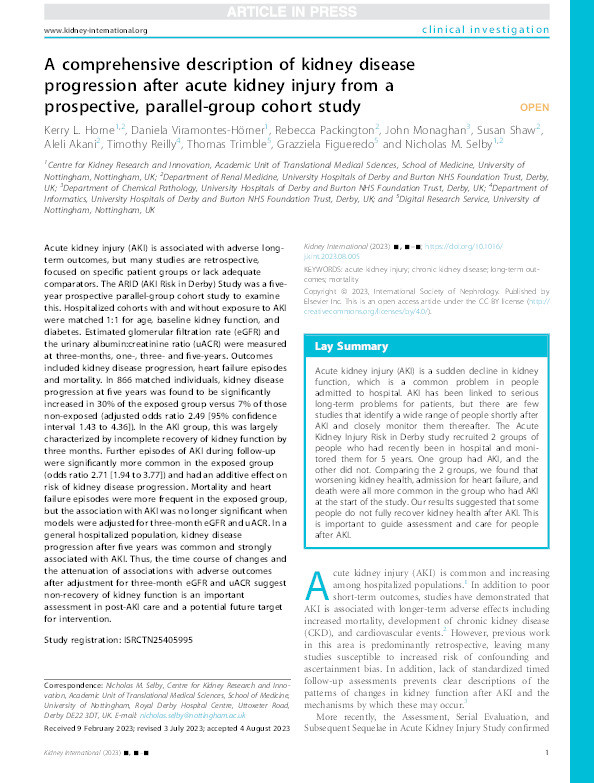 A comprehensive description of kidney disease progression after acute kidney injury from a prospective, parallel-group cohort study Thumbnail