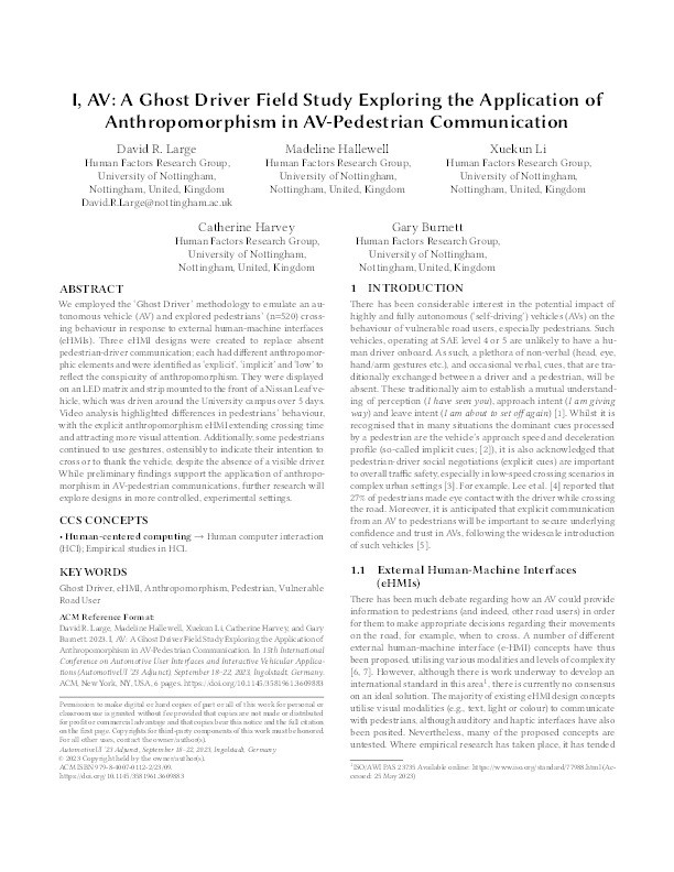 I, AV: A Ghost Driver Field Study Exploring the Application of Anthropomorphism in AV-Pedestrian Communication Thumbnail