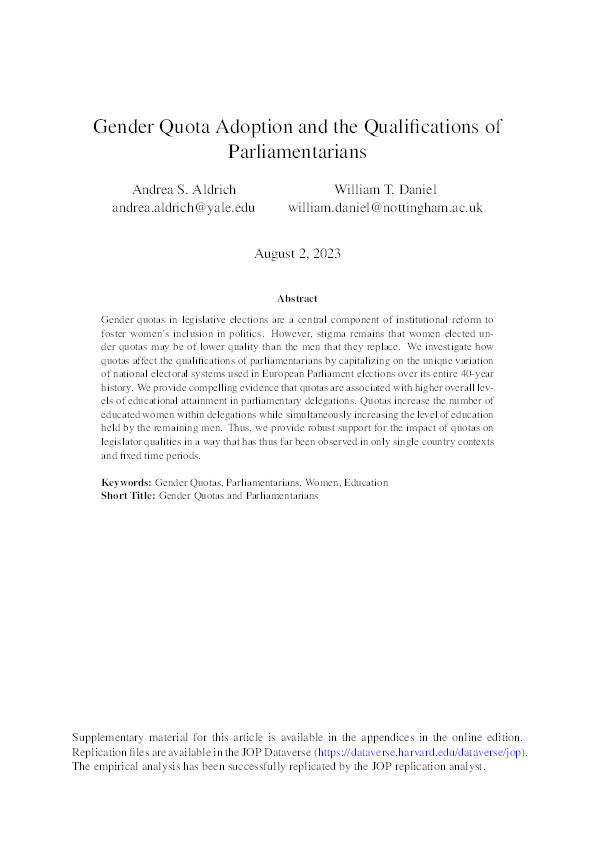 Gender Quota Adoption and the Qualifications of Parliamentarians Thumbnail