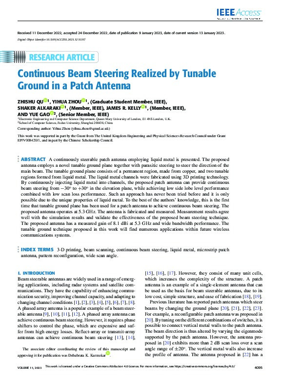 Continuous Beam Steering Realized by Tunable Ground in a Patch Antenna Thumbnail