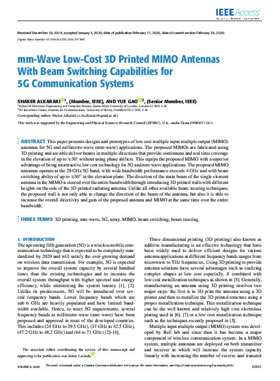 Mm-Wave Low-Cost 3D Printed MIMO Antennas with Beam Switching Capabilities for 5G Communication Systems Thumbnail