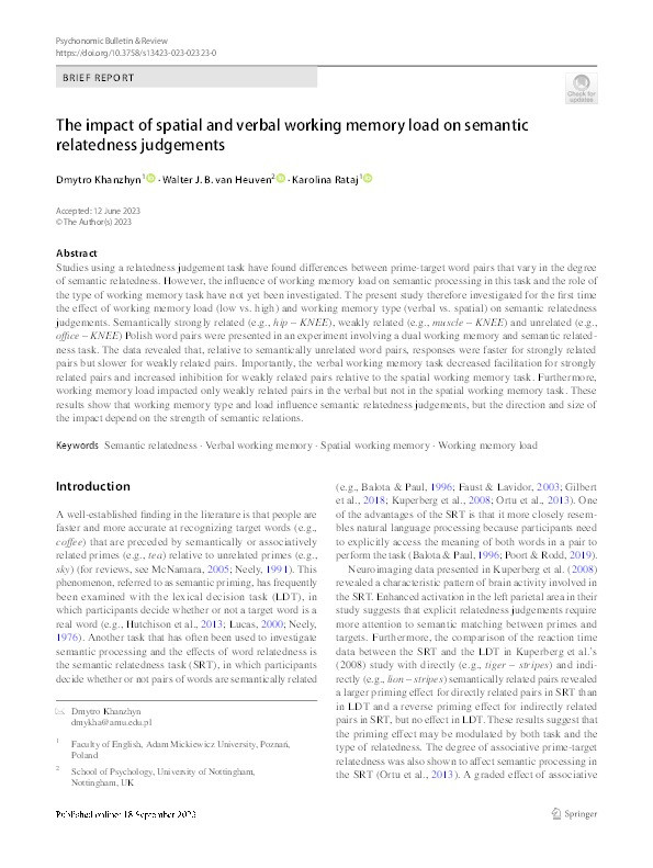 The impact of spatial and verbal working memory load on semantic relatedness judgements Thumbnail