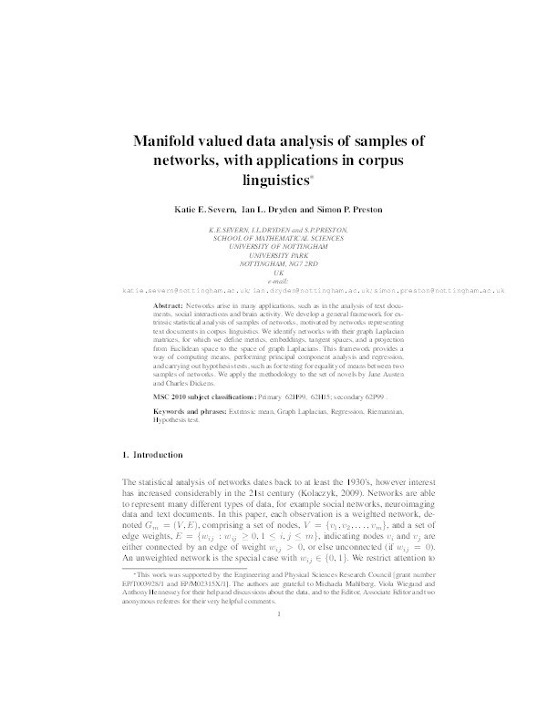 Manifold valued data analysis of samples of networks, with applications in corpus linguistics Thumbnail