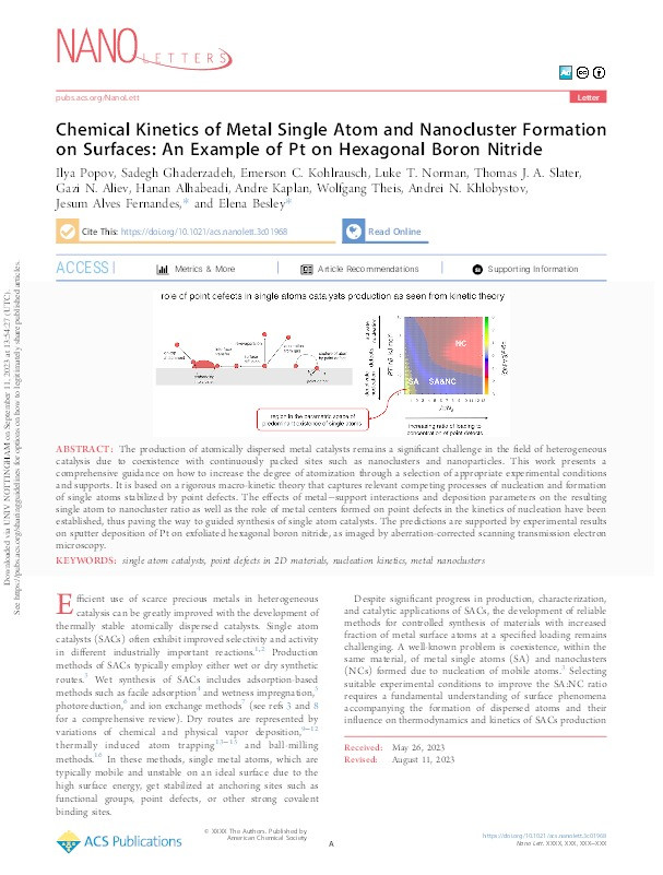 Chemical Kinetics of Metal Single Atom and Nanocluster Formation on Surfaces: An Example of Pt on Hexagonal Boron Nitride Thumbnail