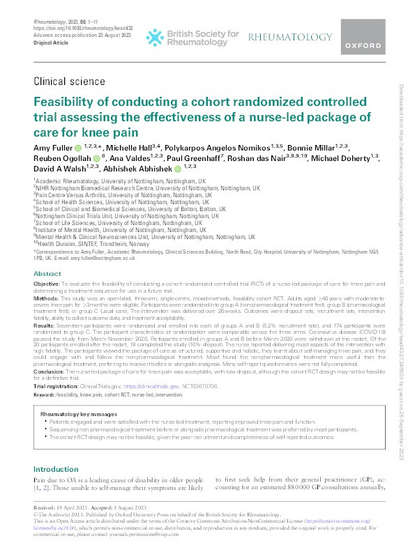 Feasibility of conducting a cohort randomized controlled trial assessing the effectiveness of a nurse-led package of care for knee pain Thumbnail