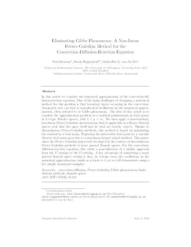 Eliminating Gibbs phenomena: A non-linear Petrov–Galerkin method for the convection–diffusion–reaction equation Thumbnail