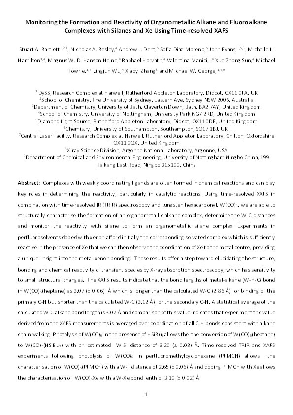 Monitoring the Formation and Reactivity of Organometallic Alkane and Fluoroalkane Complexes with Silanes and Xe Using Time-Resolved X-ray Absorption Fine Structure Spectroscopy Thumbnail