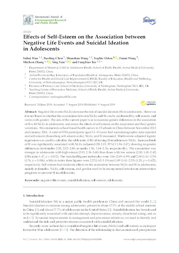 Effects of Self-Esteem on the Association between Negative Life Events and Suicidal Ideation in Adolescents Thumbnail