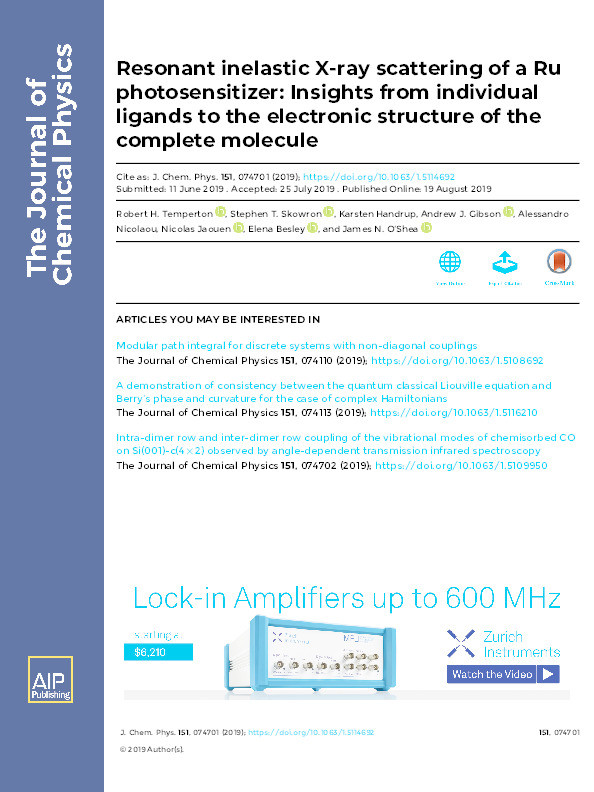 Resonant inelastic X-ray scattering of a Ru photosensitizer: Insights from individual ligands to the electronic structure of the complete molecule Thumbnail