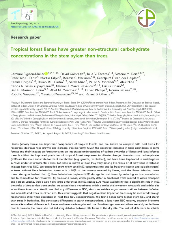 Tropical forest lianas have greater non-structural carbohydrate concentrations in the stem xylem than trees Thumbnail