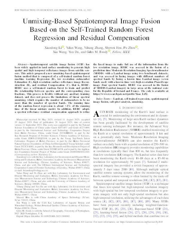 Unmixing-based Spatiotemporal Image Fusion Based on the Self-trained Random Forest Regression and Residual Compensation Thumbnail