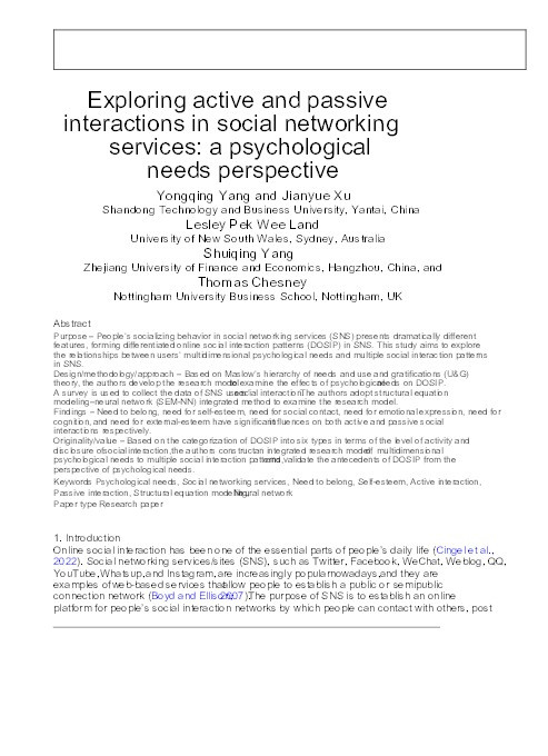 Exploring active and passive interactions in social networking services: a psychological needs perspective Thumbnail