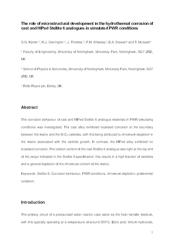 The role of microstructural development in the hydrothermal corrosion of cast and HIPed Stellite 6 analogues in simulated PWR conditions Thumbnail