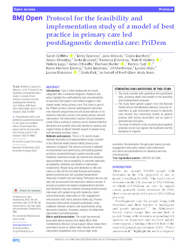 Protocol for the feasibility and implementation study of a model of best practice in primary care led postdiagnostic dementia care: PriDem. Thumbnail