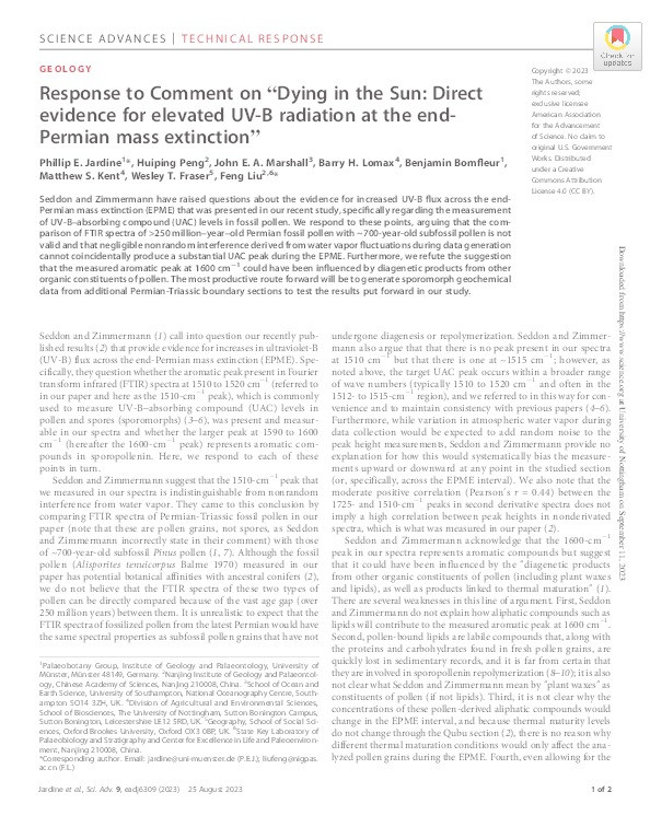 Response to Comment on "Dying in the Sun: Direct evidence for elevated UV-B radiation at the end-Permian mass extinction" Thumbnail