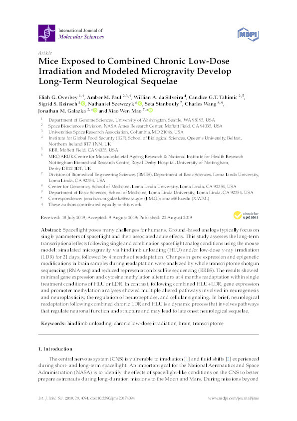 Mice Exposed to Combined Chronic Low-Dose Irradiation and Modeled Microgravity Develop Long-Term Neurological Sequelae Thumbnail