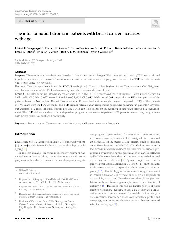 The intra-tumoral stroma in patients with breast cancer increases with age Thumbnail