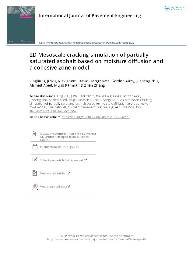 2D Mesoscale cracking simulation of partially saturated asphalt based on moisture diffusion and a cohesive zone model Thumbnail