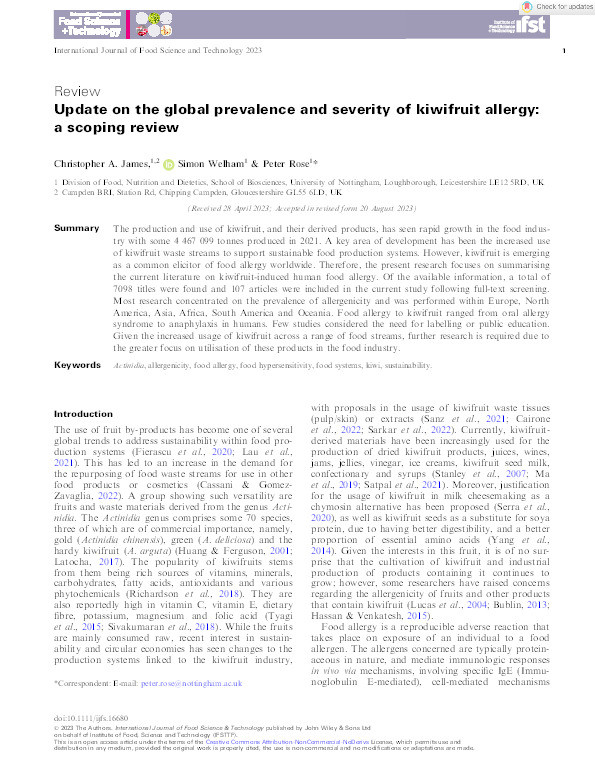 Update on the global prevalence and severity of kiwifruit allergy: a scoping review Thumbnail