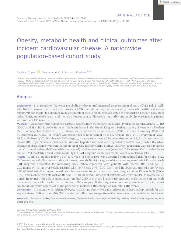 Obesity, metabolic health and clinical outcomes after incident cardiovascular disease: A nationwide population-based cohort study Thumbnail