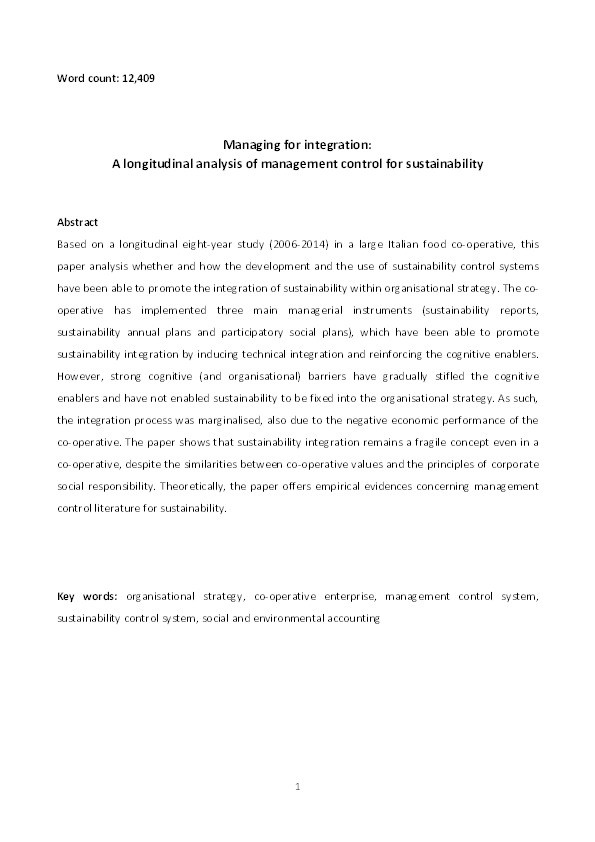 Managing for integration: a longitudinal analysis of management control for sustainability Thumbnail