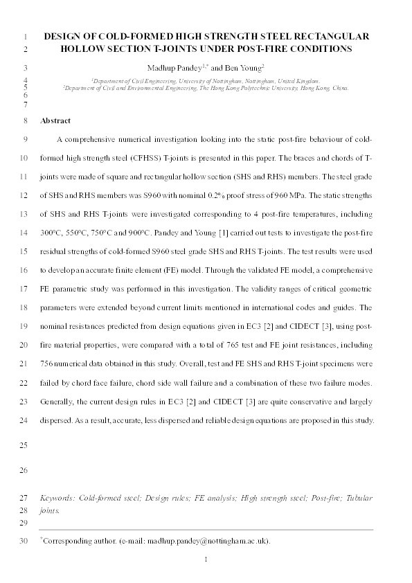 Design of cold-formed high strength steel rectangular hollow section T-joints under post-fire conditions Thumbnail