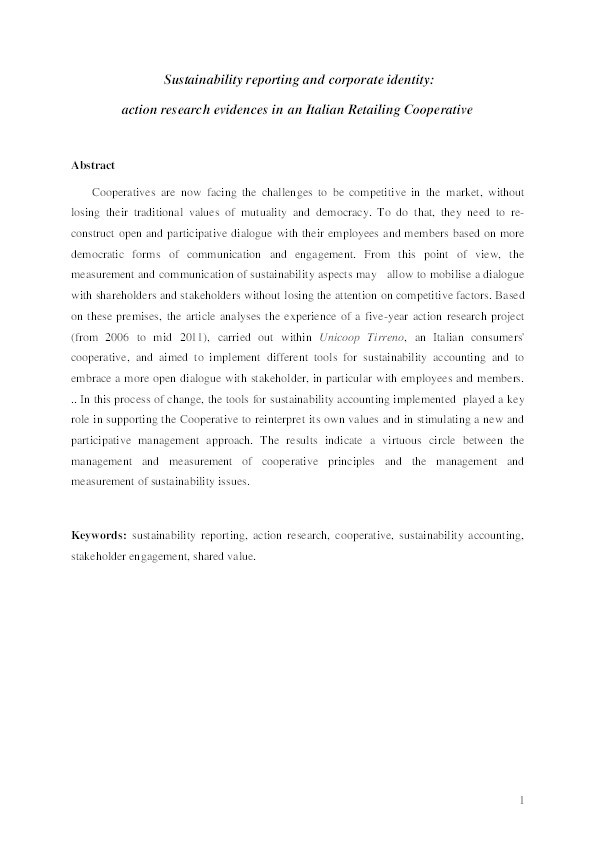 Sustainability reporting and corporate identity:  action research evidences in an Italian Retailing Cooperative Thumbnail