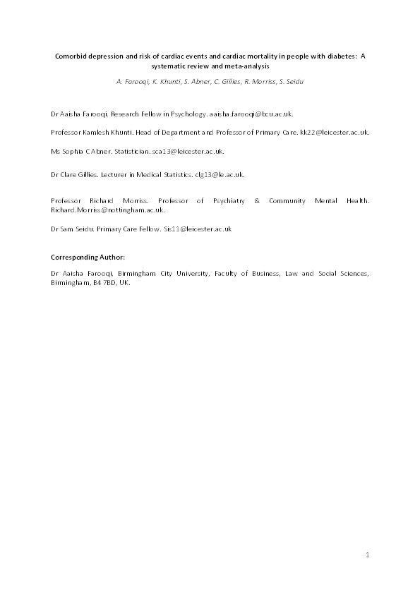 Comorbid depression and risk of cardiac events and cardiac mortality in people with diabetes: A systematic review and meta-analysis Thumbnail