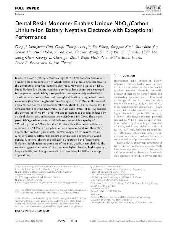 Dental resin monomer enables unique NbO2 /carbon lithium‐ion battery negative electrode with exceptional performance Thumbnail