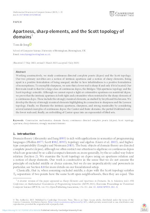 Apartness, sharp elements, and the Scott topology of domains Thumbnail