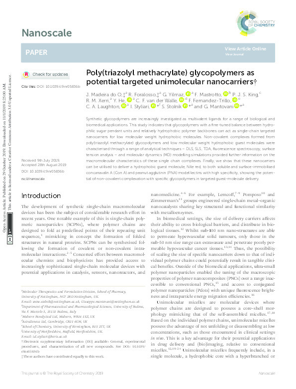 Poly(triazolyl methacrylate) glycopolymers as potential targeted unimolecular nanocarriers Thumbnail