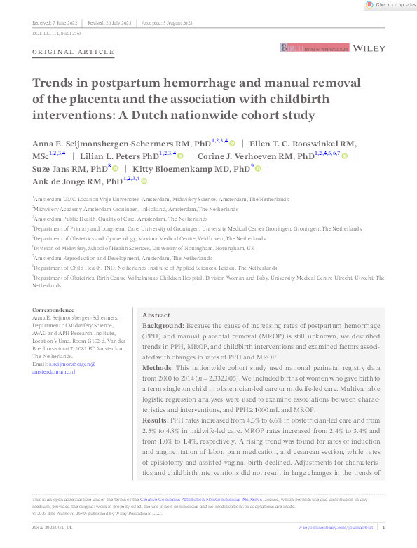 Trends in postpartum hemorrhage and manual removal of the placenta and the association with childbirth interventions: A Dutch nationwide cohort study Thumbnail