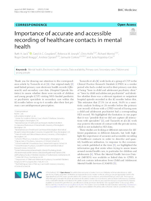 Importance of accurate and accessible recording of healthcare contacts in mental health Thumbnail