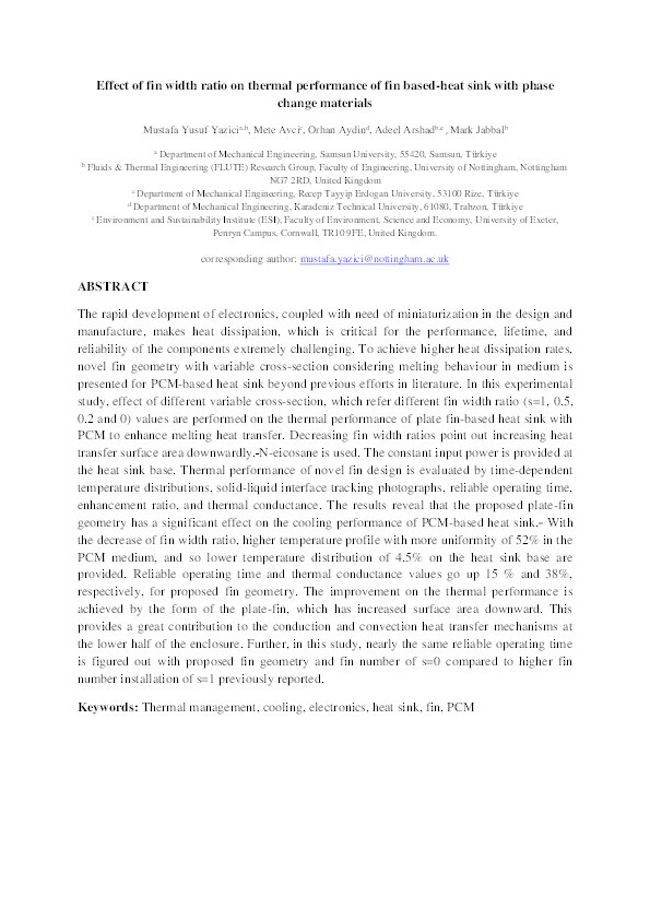 Effect of fin width ratio on thermal performance of fin based-heat sink with phase change materials Thumbnail