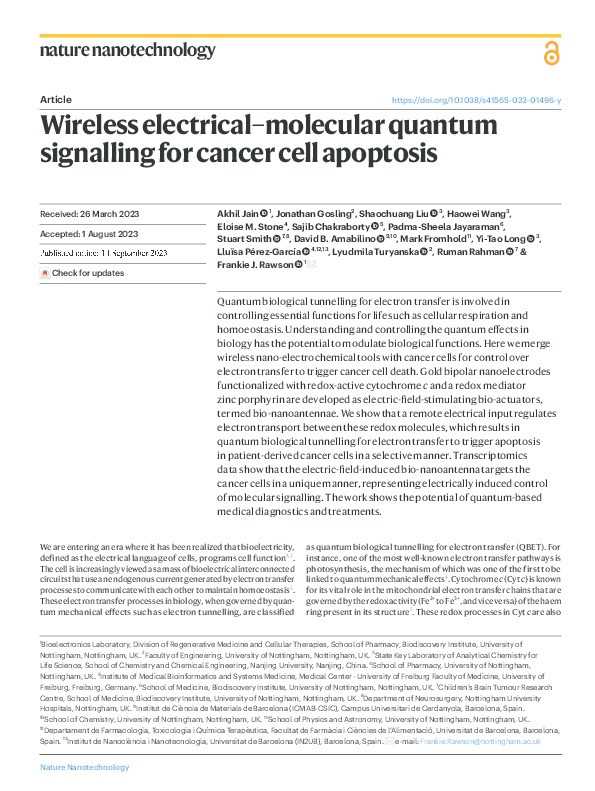 Wireless electrical–molecular quantum signalling for cancer cell apoptosis Thumbnail