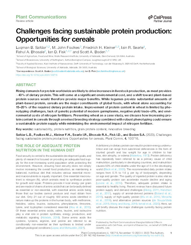 Challenges facing sustainable protein production: Opportunities for cereals Thumbnail