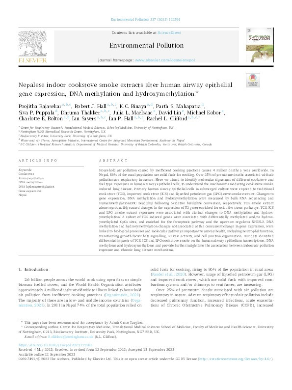 Nepalese indoor cookstove smoke extracts alter human airway epithelial gene expression, DNA methylation and hydroxymethylation Thumbnail