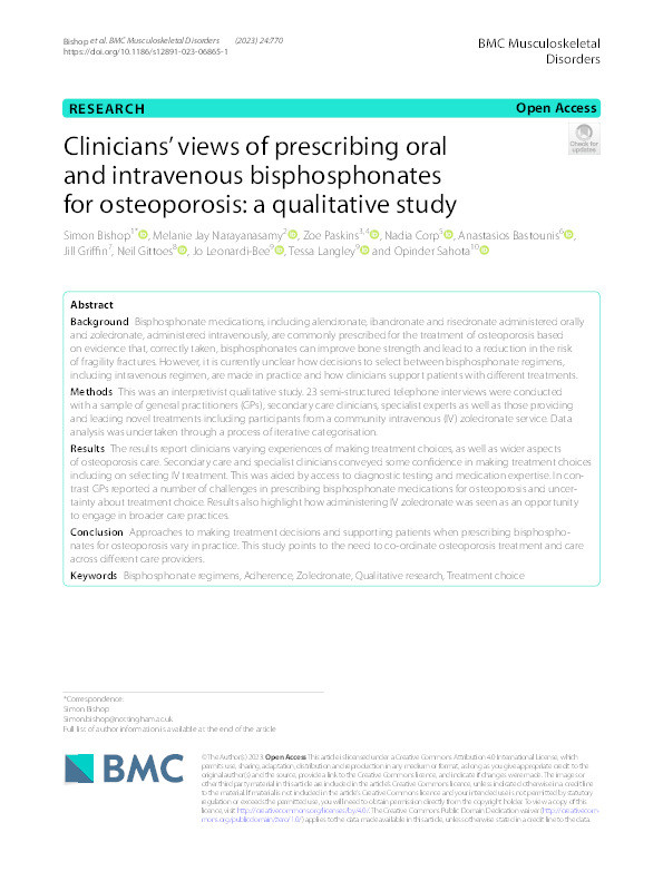 Clinicians’ views of prescribing oral and intravenous bisphosphonates for osteoporosis: a qualitative study Thumbnail