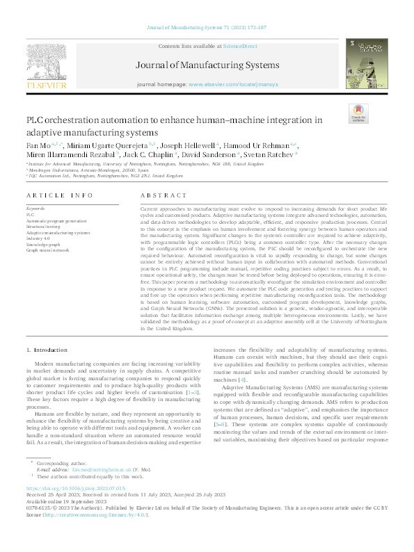 PLC orchestration automation to enhance human–machine integration in adaptive manufacturing systems Thumbnail