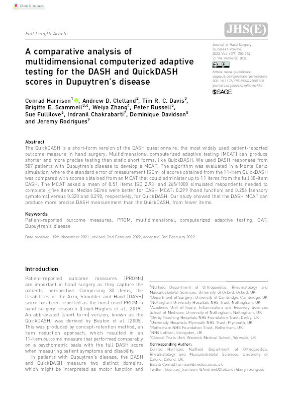 A comparative analysis of multidimensional computerized adaptive testing for the DASH and QuickDASH scores in Dupuytren’s disease Thumbnail