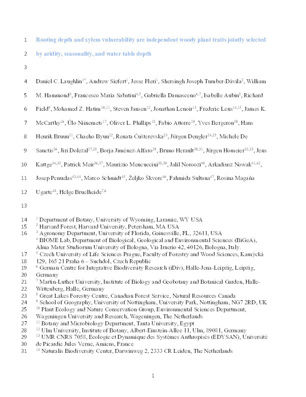 Rooting depth and xylem vulnerability are independent woody plant traits jointly selected by aridity, seasonality, and water table depth Thumbnail