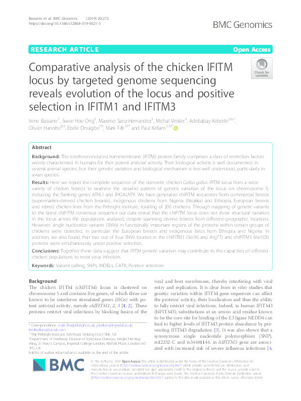 Comparative analysis of the chicken IFITM locus by targeted genome sequencing reveals evolution of the locus and positive selection in IFITM1 and IFITM3 Thumbnail