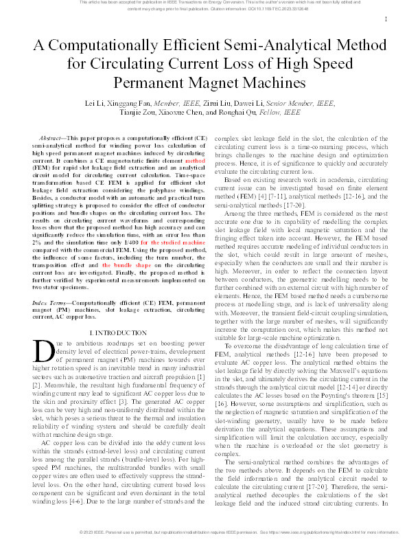 A Computationally Efficient Semi-Analytical Method for Circulating Current Loss of High Speed Permanent Magnet Machines Thumbnail