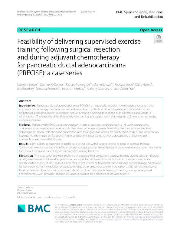 Feasibility of delivering supervised exercise training following surgical resection and during adjuvant chemotherapy for pancreatic ductal adenocarcinoma (PRECISE): a case series Thumbnail