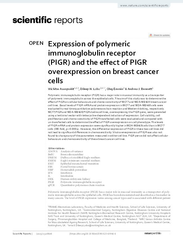 Expression of polymeric immunoglobulin receptor (PIGR) and the effect of PIGR overexpression on breast cancer cells Thumbnail