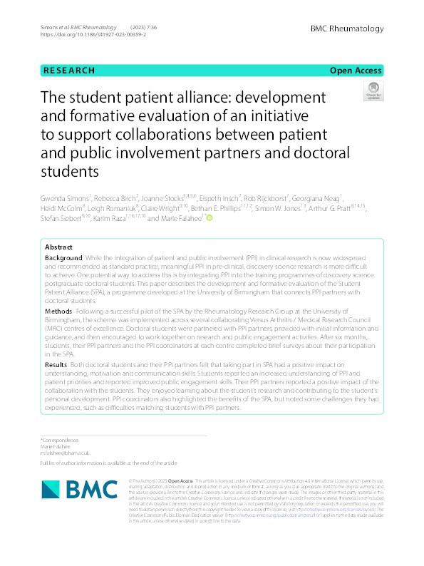 The student patient alliance: development and formative evaluation of an initiative to support collaborations between patient and public involvement partners and doctoral students Thumbnail